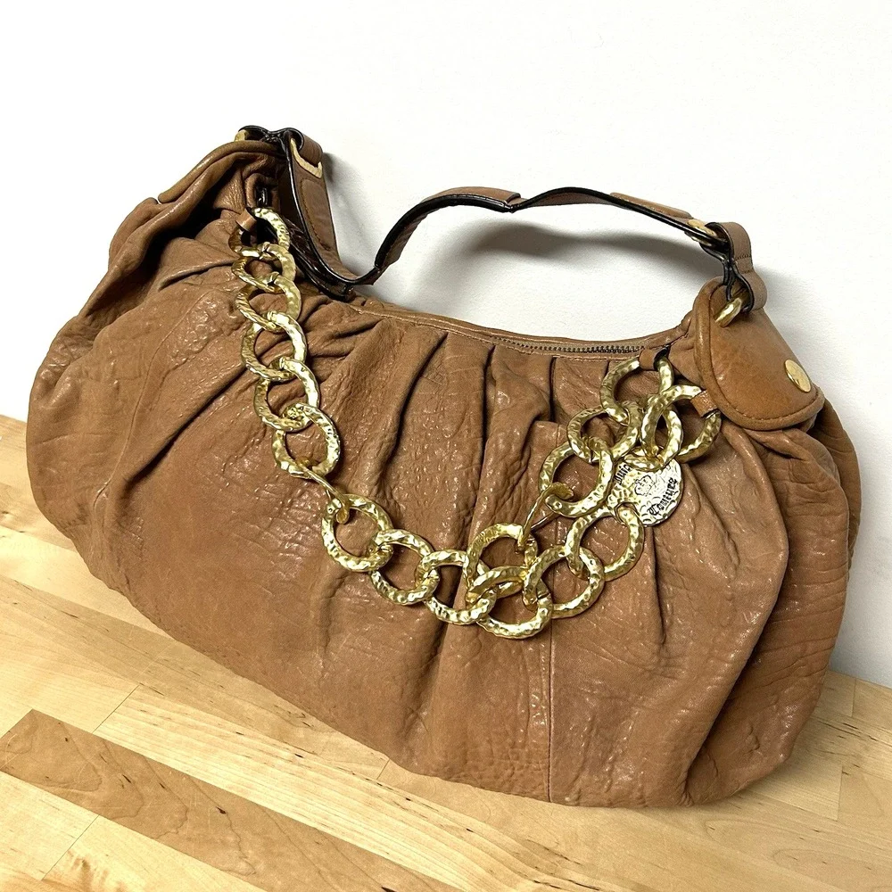 Vtg Y2k Juicy Couture Brown Leather Bag Slouchy Hobo Chunky Gold Chain Boho